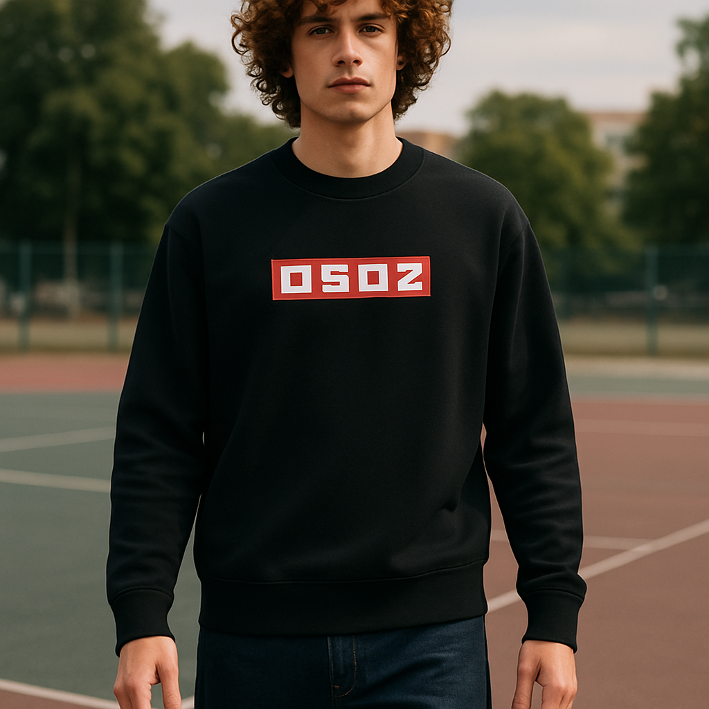 Person wearing a black sweatshirt with a red and white logo on an outdoor court