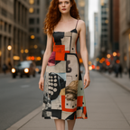 Woman wearing a colorful, patterned dress on a city street.