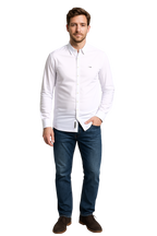 "White Dsquared2 shirt with a sleek, tailored fit, featuring a crisp collar and precise stitching, highlighting Italian craftsmanship and premium fabric quality."