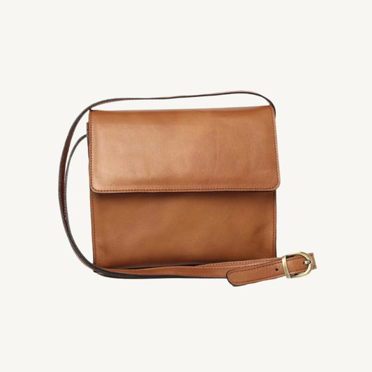"Full-grain calfskin leather shoulder bag with three compartments, one zippered, rear zip pocket, and adjustable fixed shoulder strap"