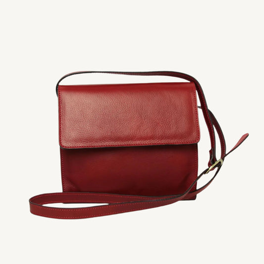 "Full-grain calfskin leather shoulder bag with three compartments, zip closure, rear zip pocket, and adjustable strap"