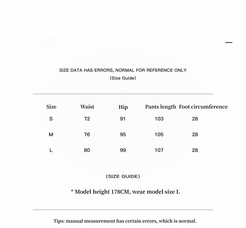 Size guide chart with measurements for waist, hip, pants length, and foot circumference.