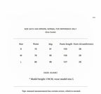Size guide chart with measurements for waist, hip, pants length, and foot circumference.