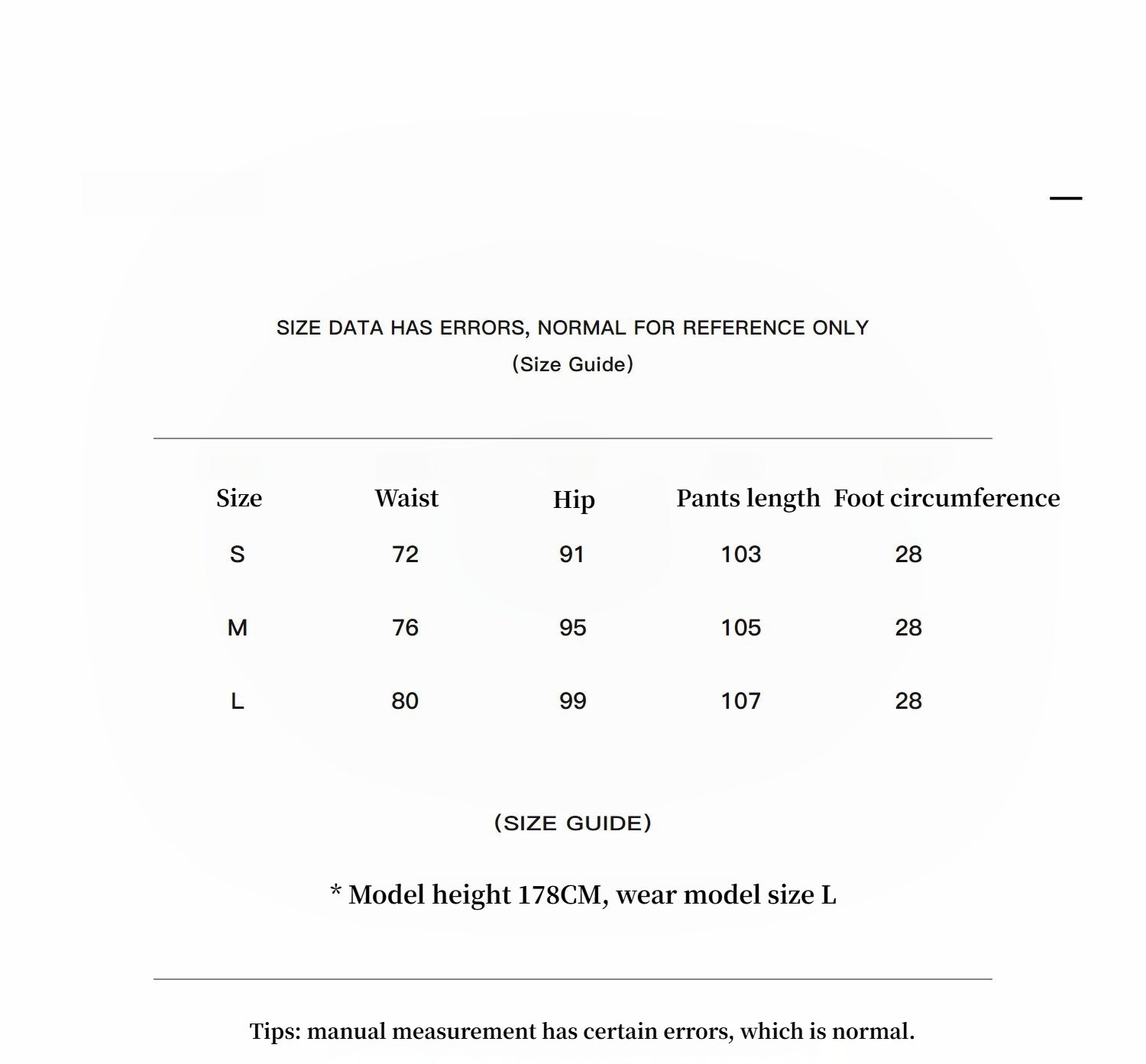 Size guide chart with measurements for waist, hip, pants length, and foot circumference.