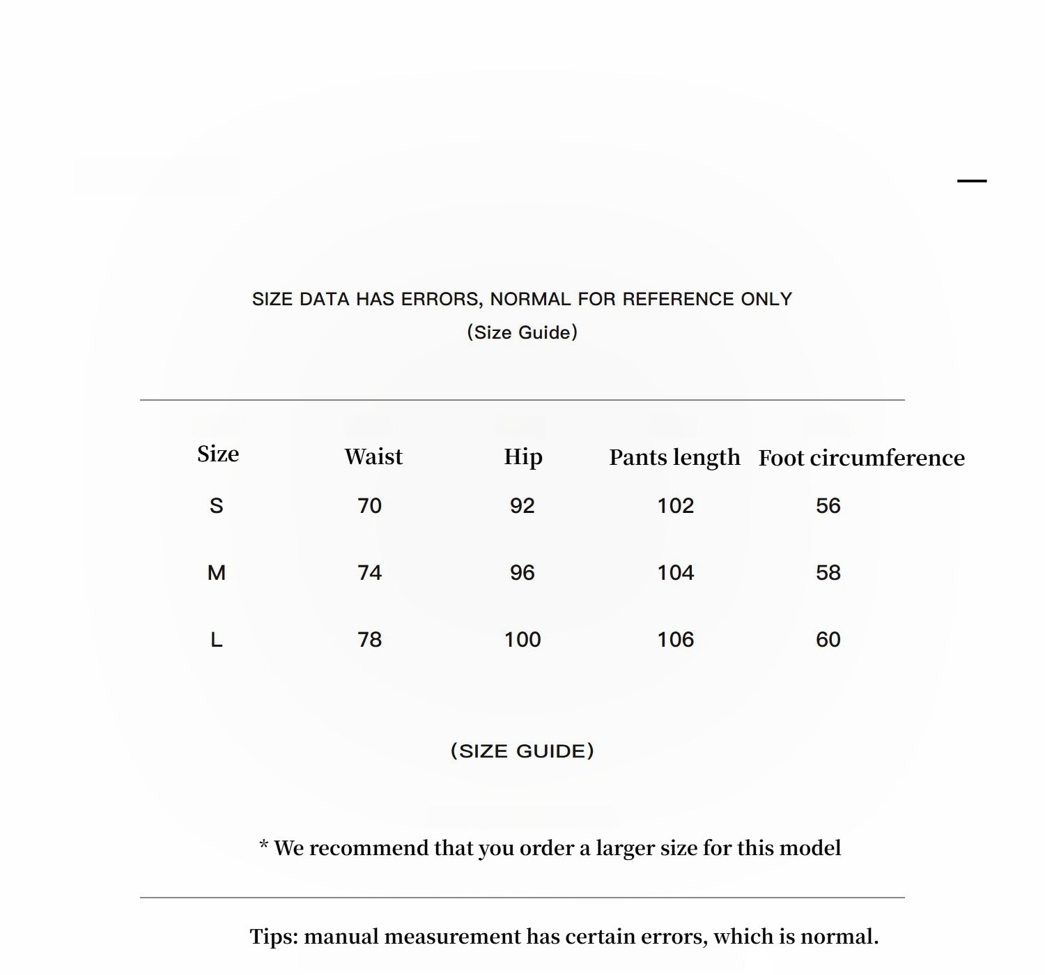 Size guide chart with waist, hip, pants length, and foot circumference measurements for S, M, and L sizes.