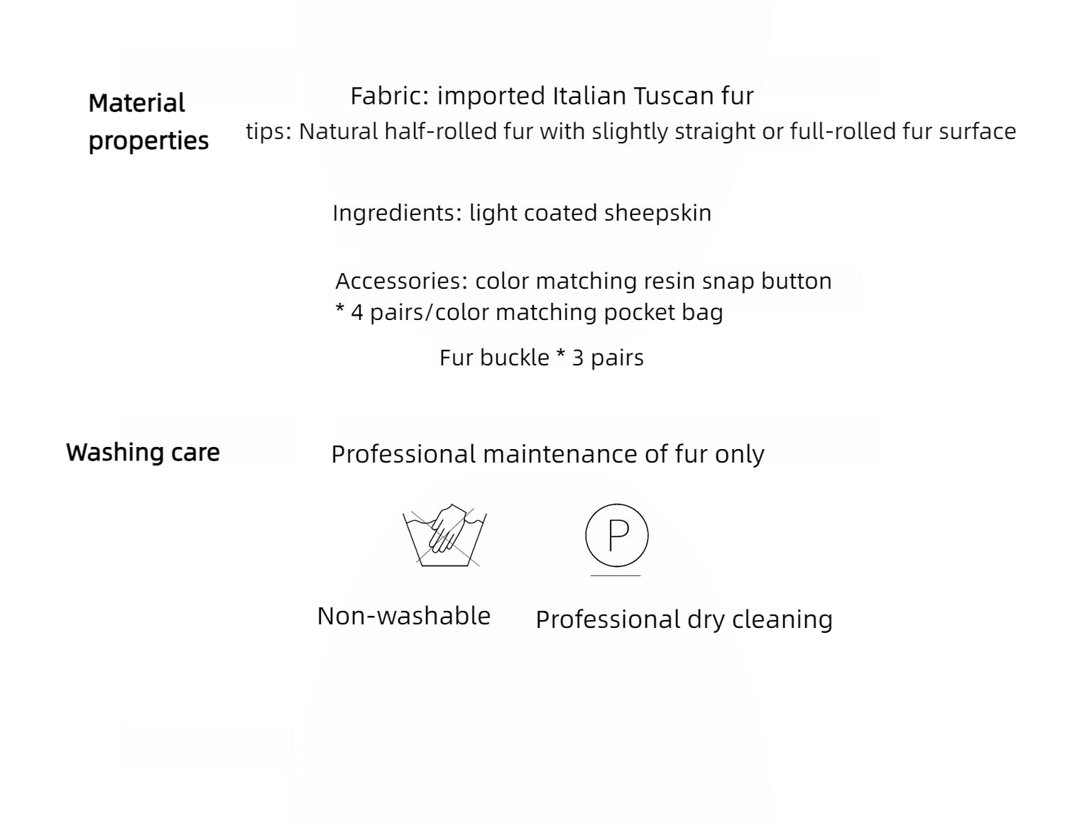 Product label with material properties and washing care instructions on a white background