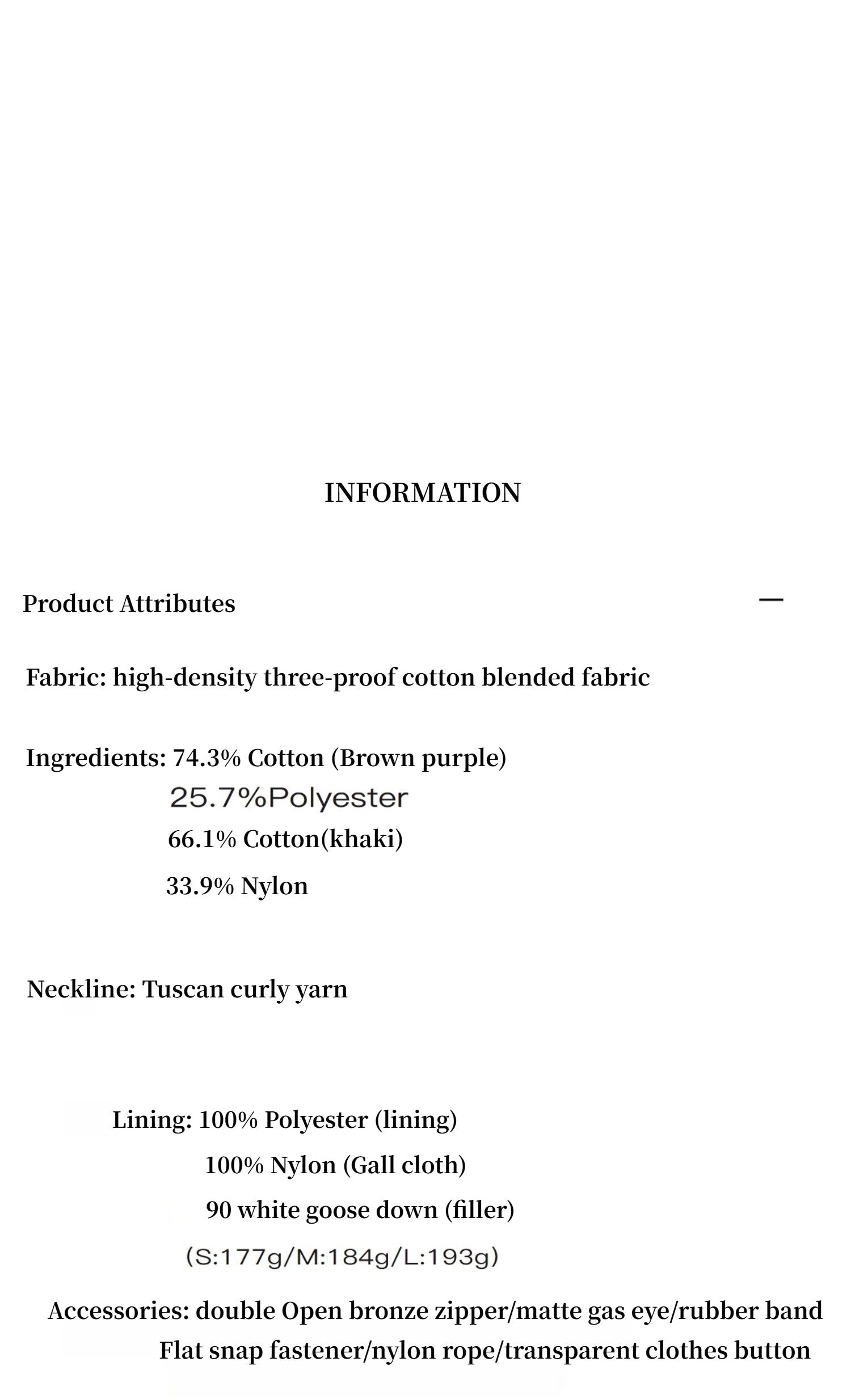 Product information sheet with fabric details and specifications on a white background