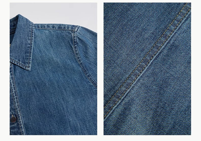 Close-up of blue denim fabric with stitching detail on a white background