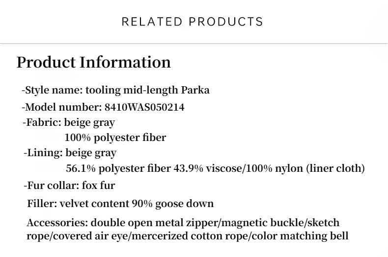 Product information text for a tooling mid-length parka on a white background