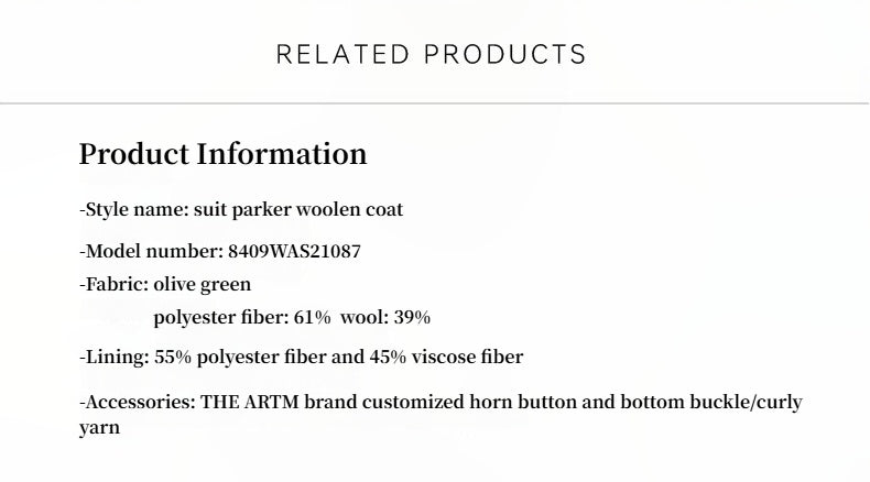 Product information text for a suit parker woolen coat on a white background