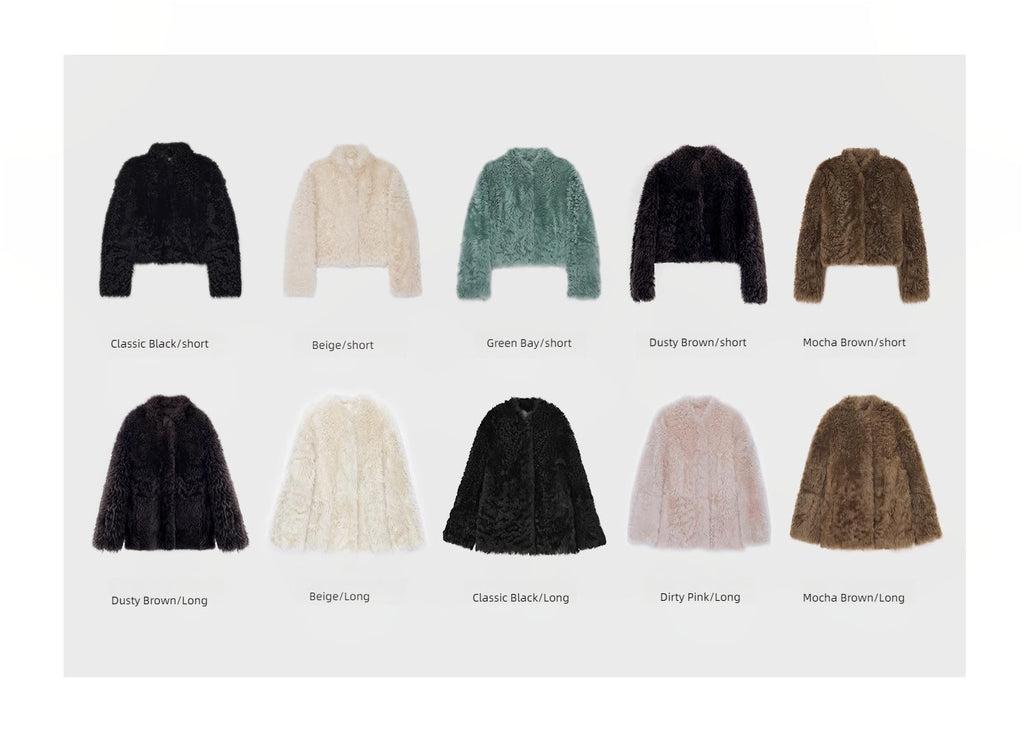 Collection of various fur coats displayed with color labels on a white background