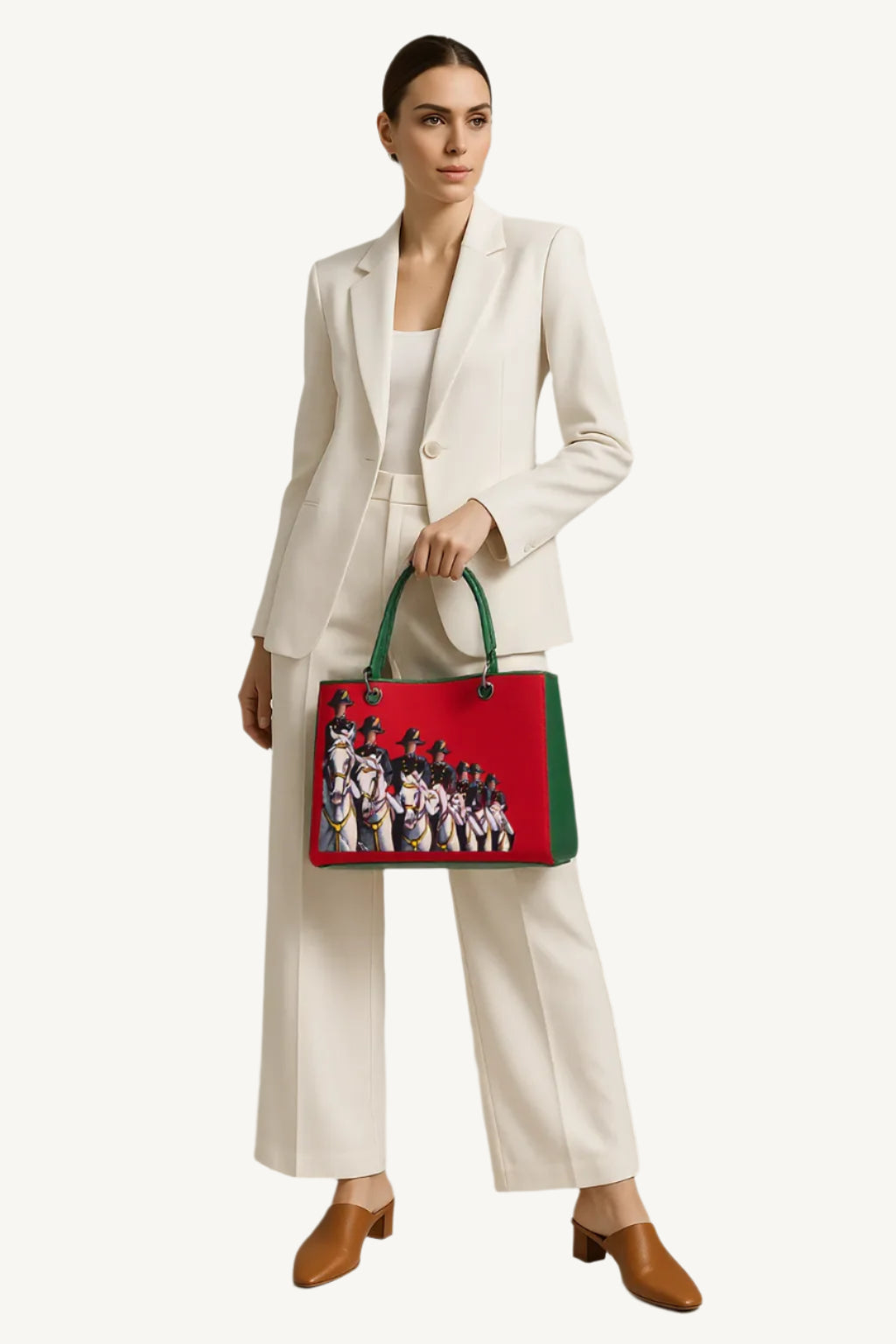 Hand-painted handbag with artwork on both front and back, red cotton logoed interior featuring four functional pockets, nickel-colored hooks and internal zip, double green leather handle, and a matching hand-painted leather and canvas shoulder strap reflecting the theme of the main painting, secured with magnetic button closure.