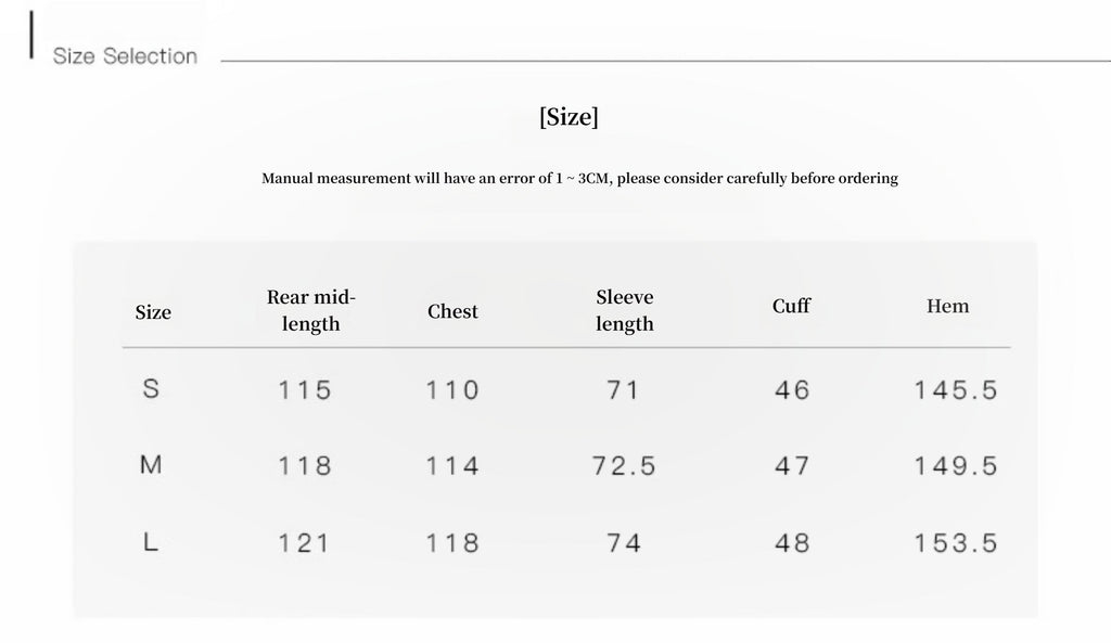 Size selection chart with measurements for shirt dimensions.