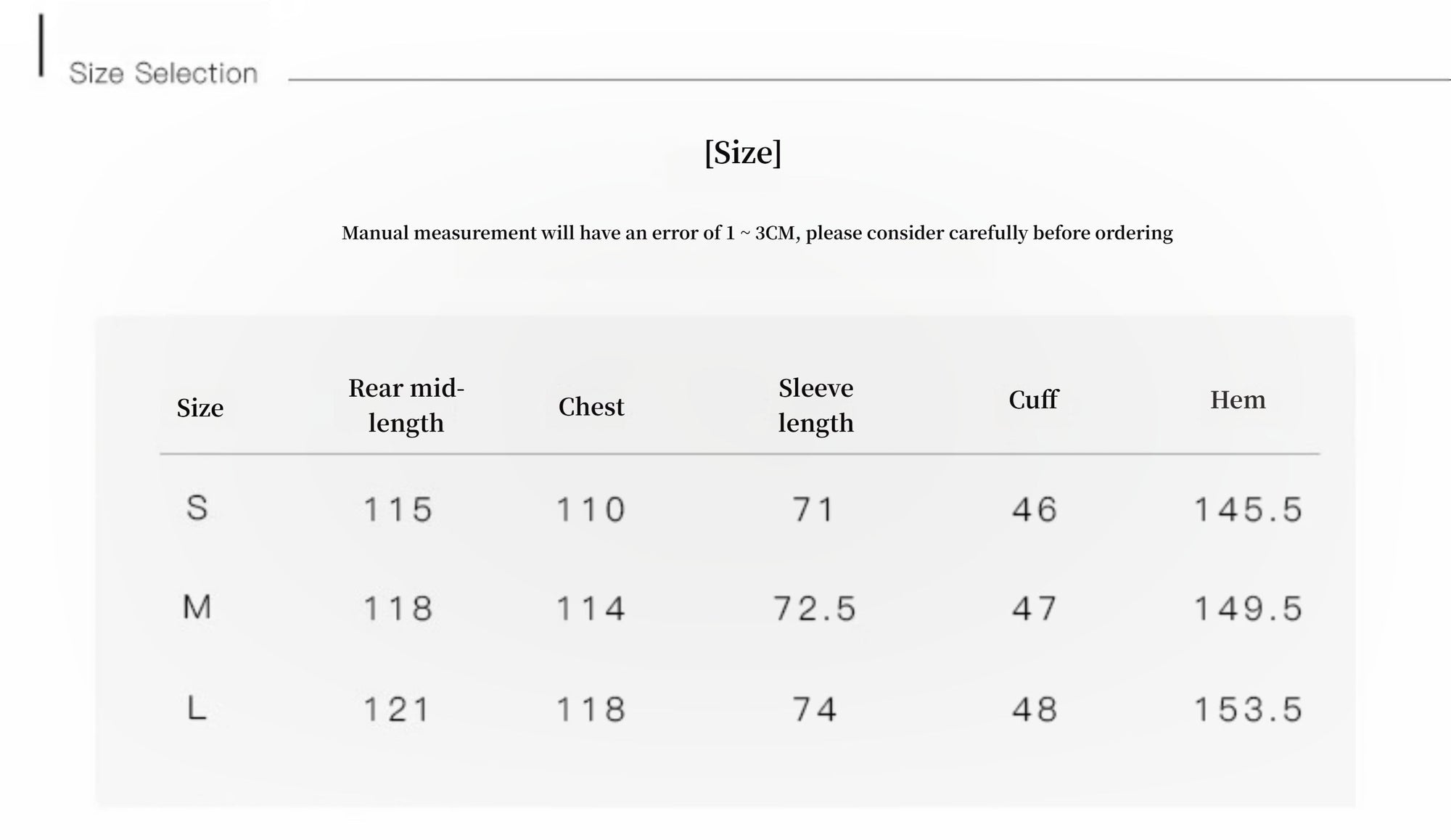 Size selection chart with measurements for shirt dimensions.