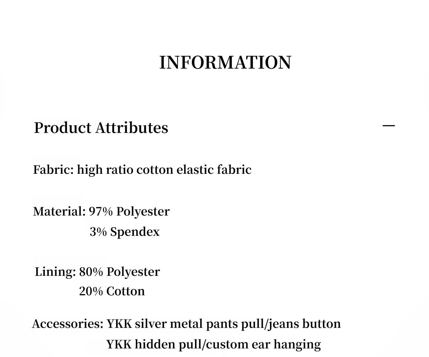 Product information sheet with fabric, material, and accessory details on a white background