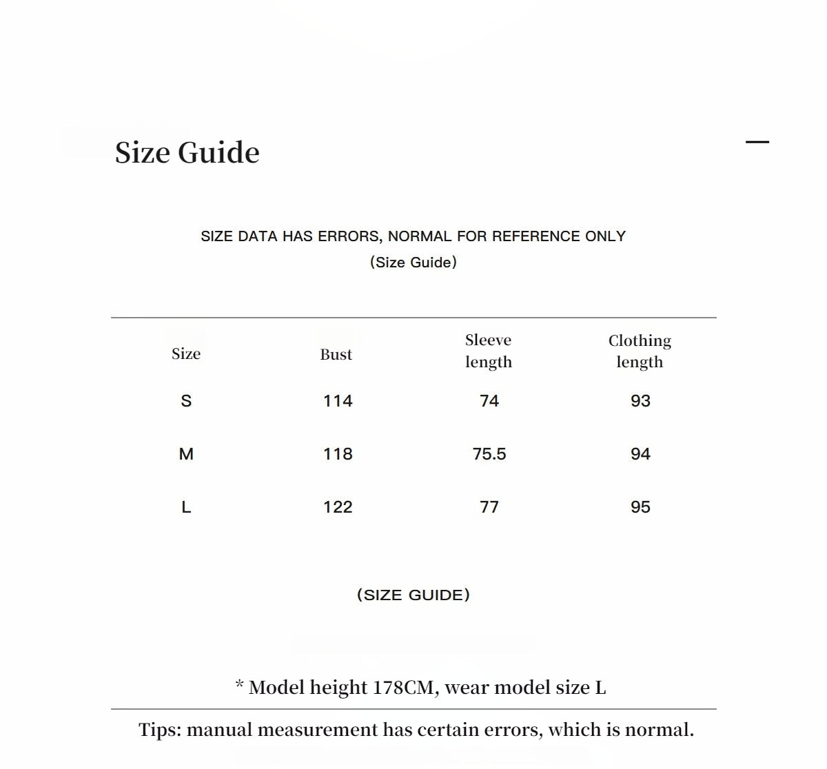 Size guide with measurements for bust, sleeve length, and clothing length.
