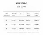 Size guide chart for clothing with measurements in centimeters