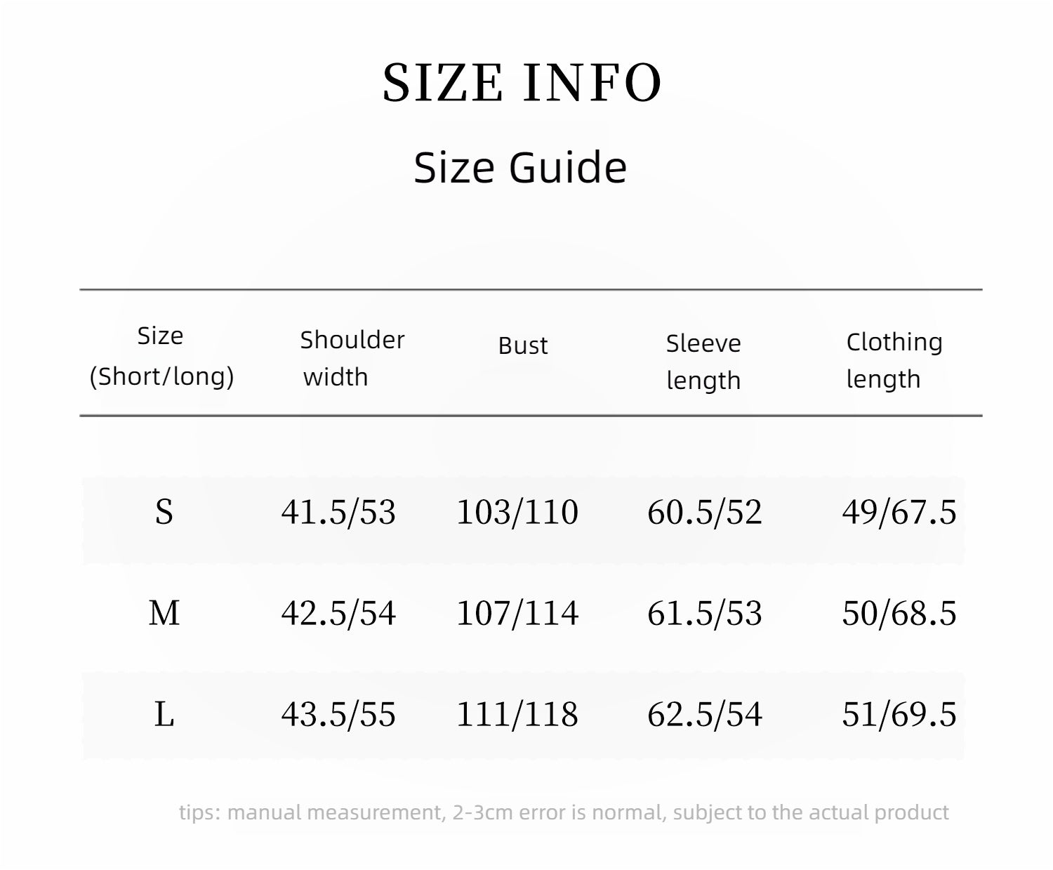 Size guide chart for clothing with measurements in centimeters
