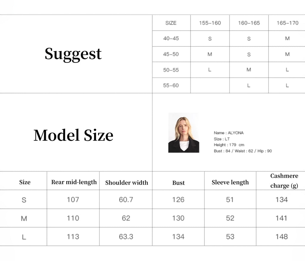 Size chart with model measurements for clothing, including a photo of a model and size dimensions.