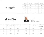 Size chart with model measurements for clothing, including a photo of a model and size dimensions.
