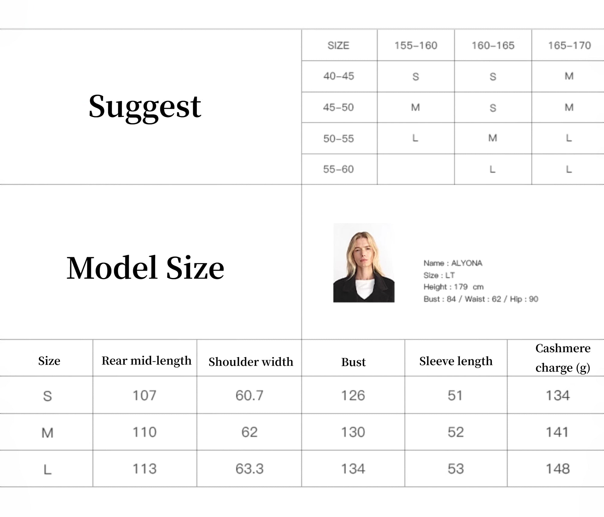 Size chart with model measurements for clothing, including a photo of a model and size dimensions.