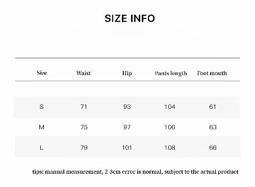 Size chart for pants with measurements in centimeters
