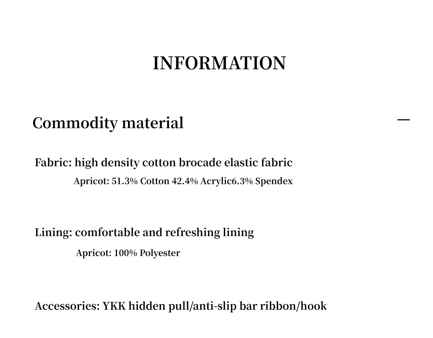 Text information sheet detailing commodity material specifications on a white background