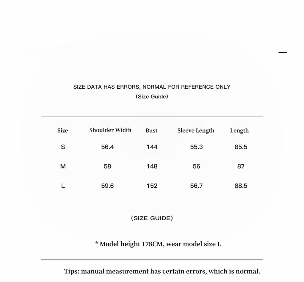 Size chart with shoulder width, bust, sleeve length, and length measurements for different sizes.