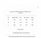 Size chart with shoulder width, bust, sleeve length, and length measurements for different sizes.