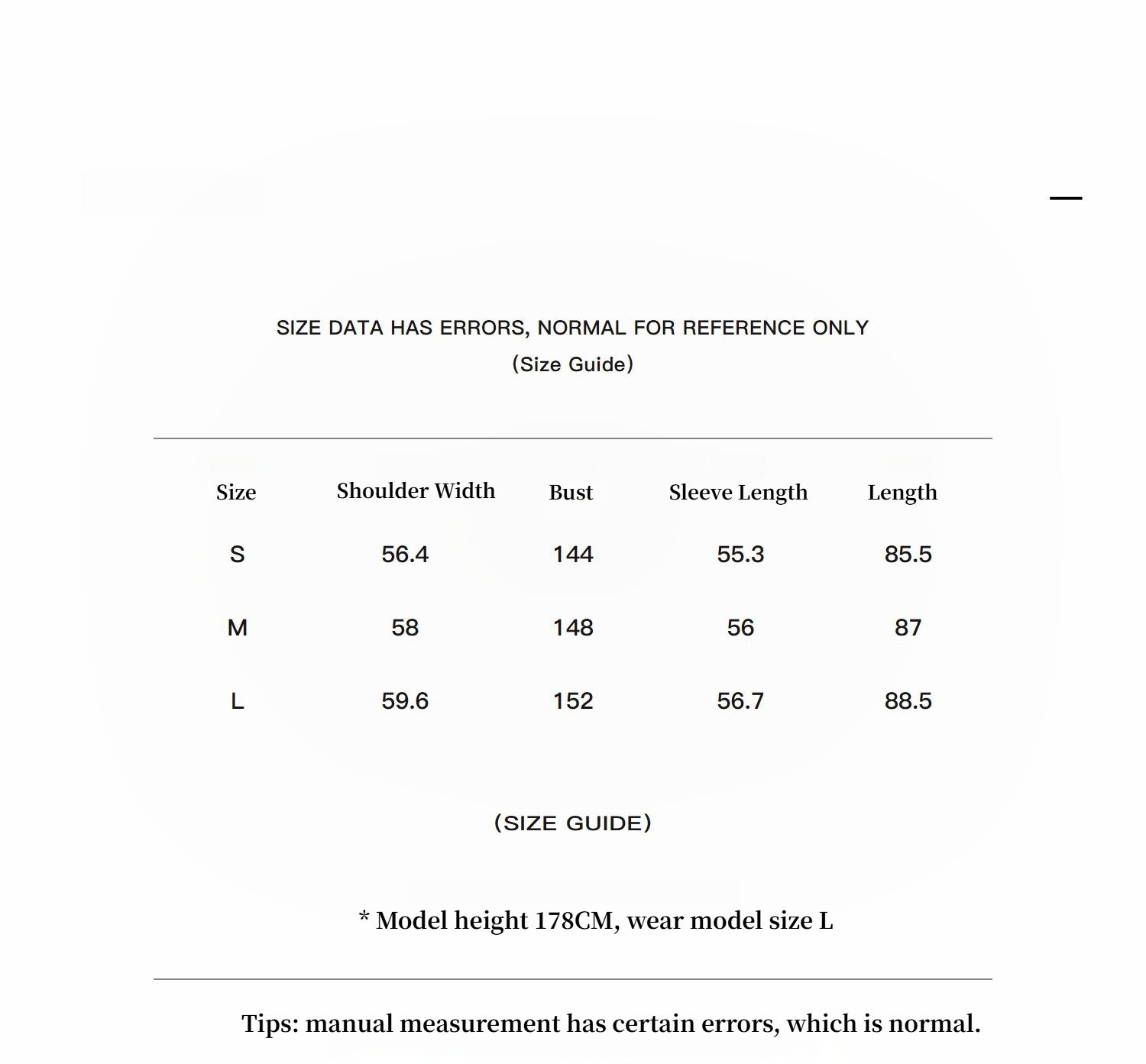 Size chart with shoulder width, bust, sleeve length, and length measurements for different sizes.
