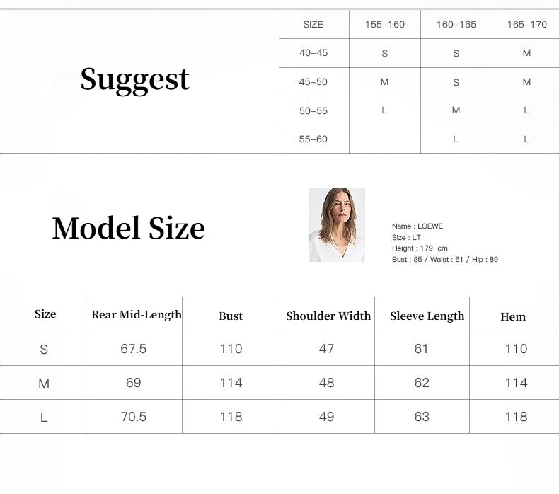 Size chart for clothing with a model image and measurements.