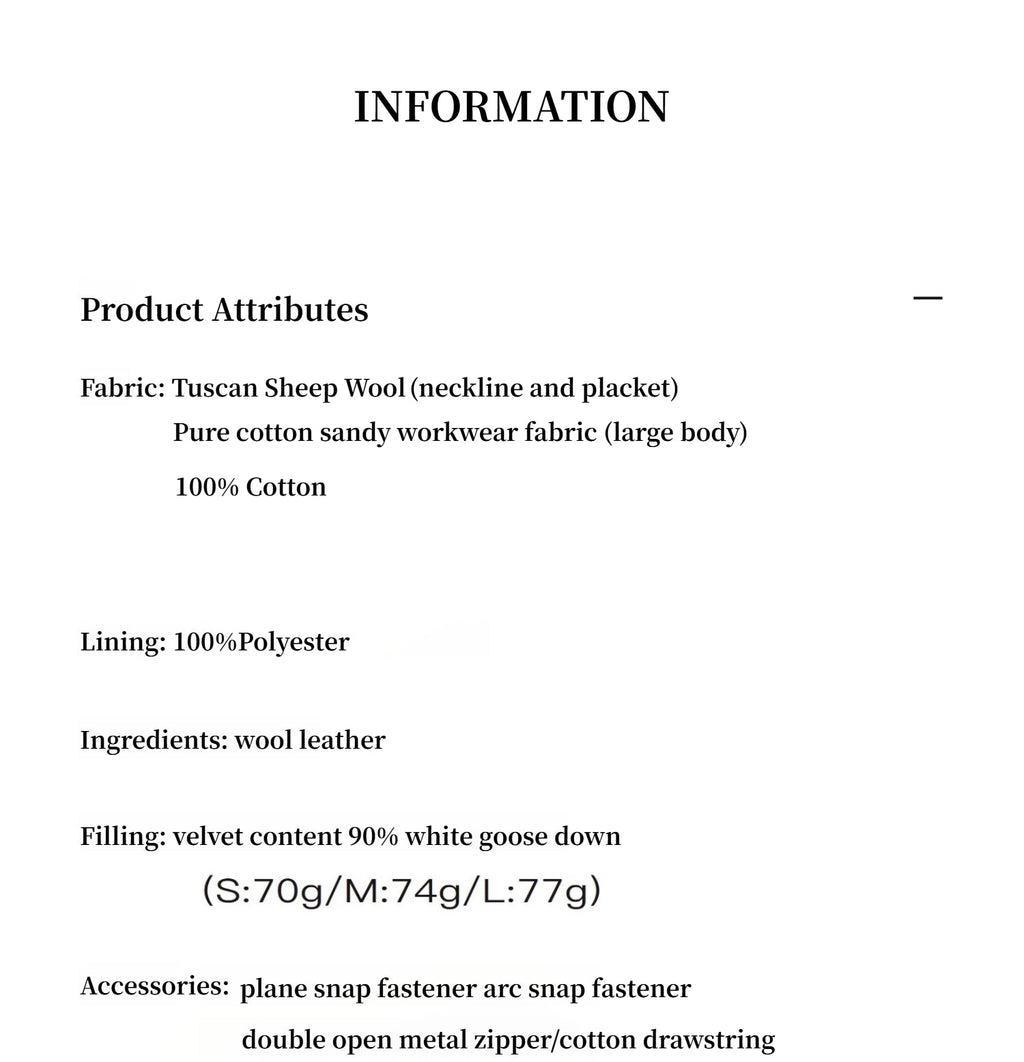 Product information sheet with fabric, lining, and filling details.