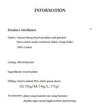 Product information sheet with fabric, lining, and filling details.