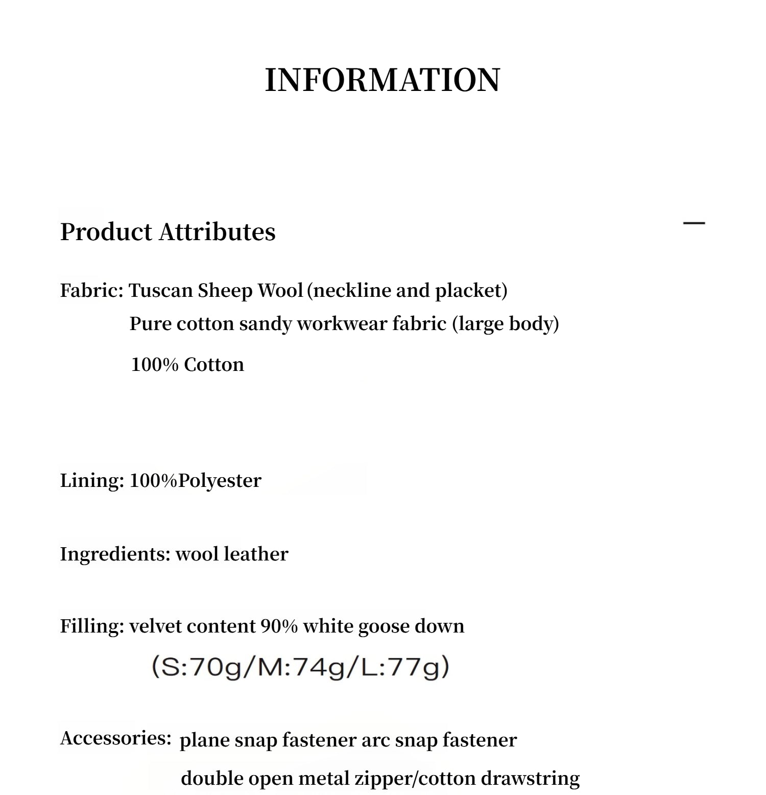 Product information sheet with fabric, lining, and filling details.