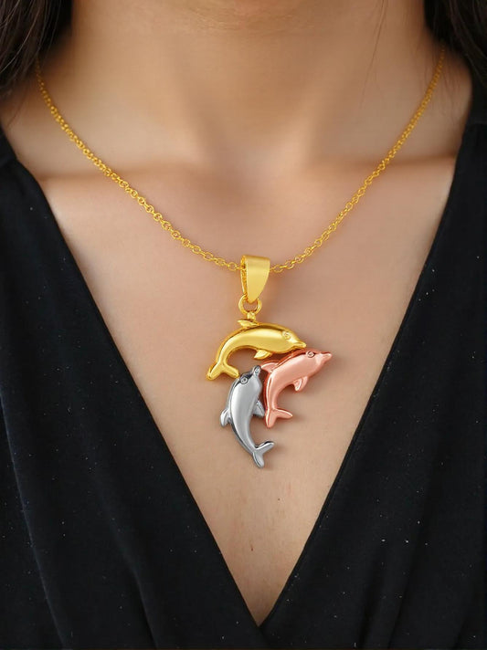 10K Tri-Color Gold Dolphin Pendant Necklace – 18"