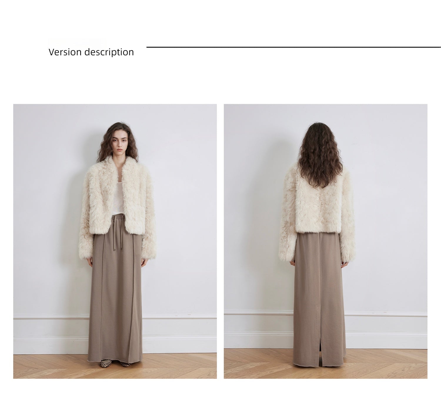 Woman wearing a white fur coat and brown skirt, facing front and back, on a plain background.