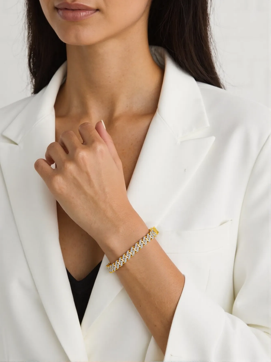14K Two-Tone Gold Curb Chain Bracelet with Diamond Pavé – 8"