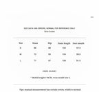 Size guide chart with measurements for waist, hip, pants length, and foot mouth in centimeters.