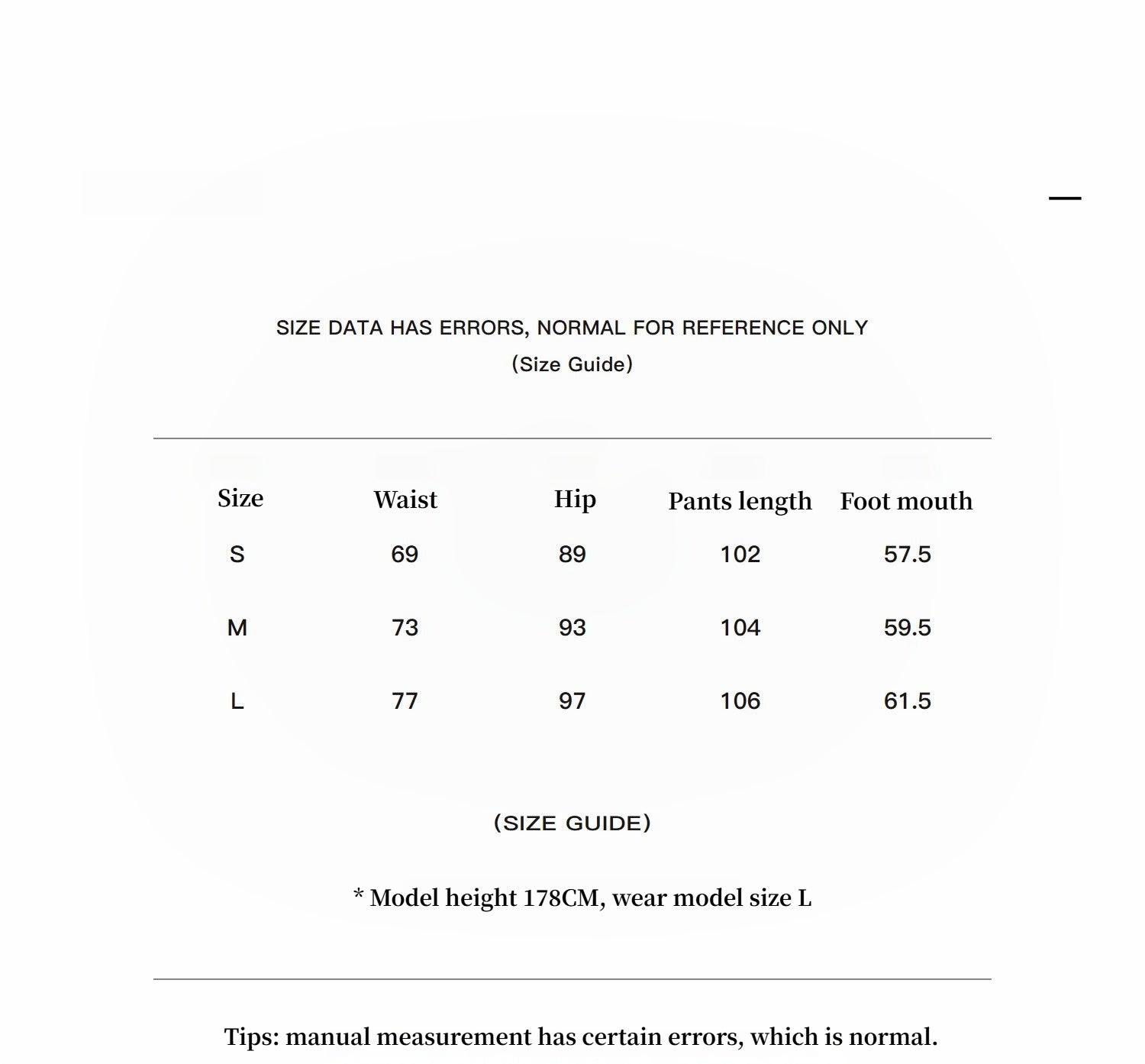 Size guide chart with measurements for waist, hip, pants length, and foot mouth in centimeters.