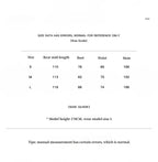 Size guide chart for clothing with measurements in centimeters