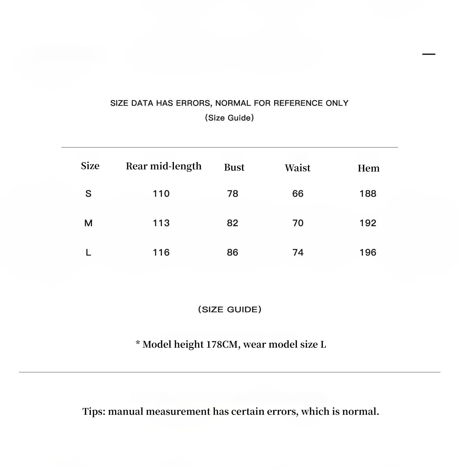 Size guide chart for clothing with measurements in centimeters