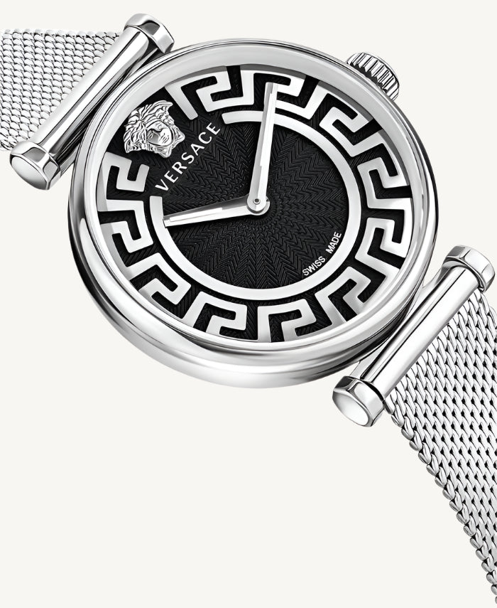Versace VE1CA0423 Lady ladies watch with silver-tone polished/matte stainless steel case and bracelet, silver-grey dial, sapphire glass – sophisticated Swiss quartz watch for women.