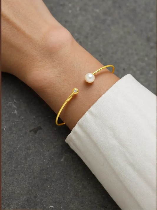 14K Yellow Gold Cuff Bangle with Pearl and Diamond – 3.00 mm