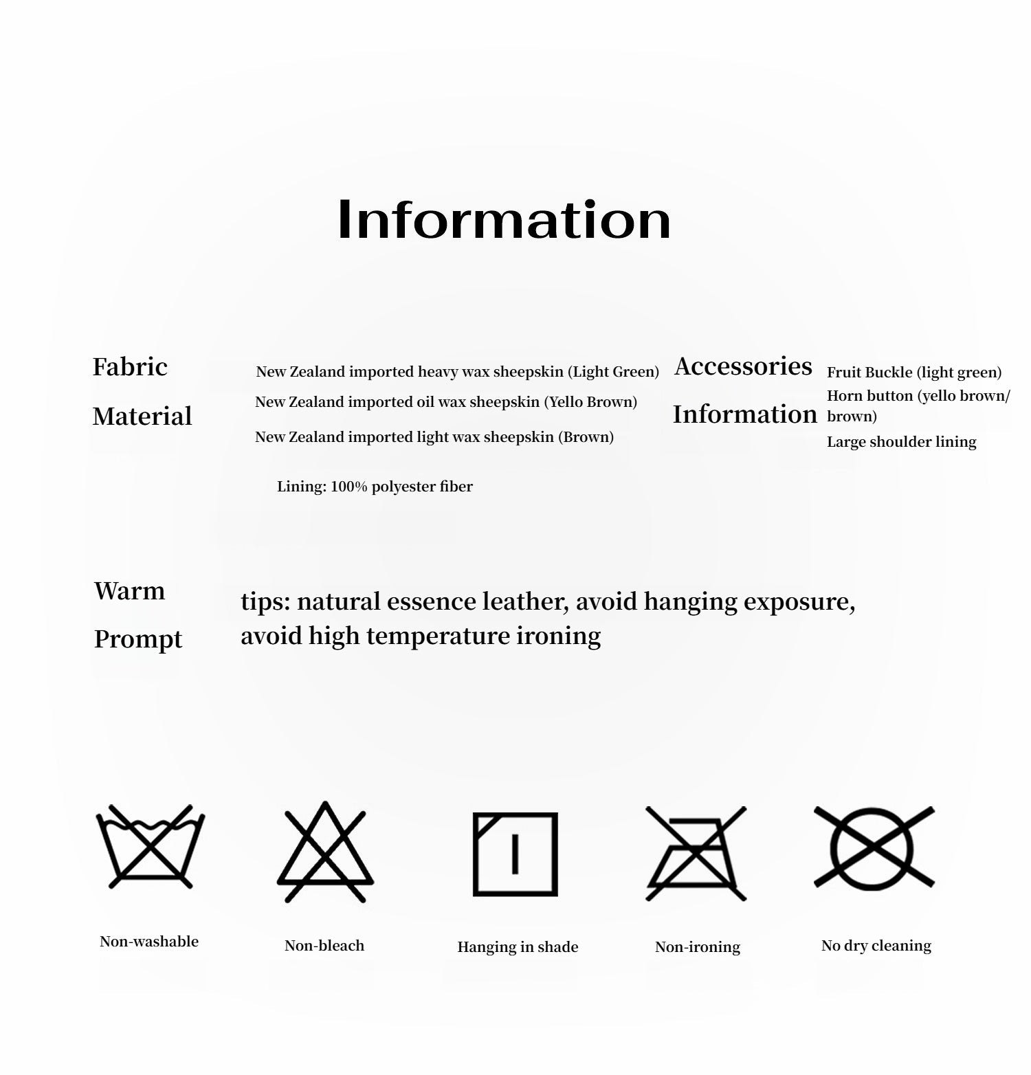 Product information sheet with fabric, material, and care instructions on a white background