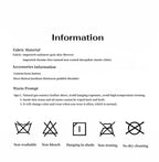 Textual information and symbols related to fabric material, accessories, and care instructions on a white background.