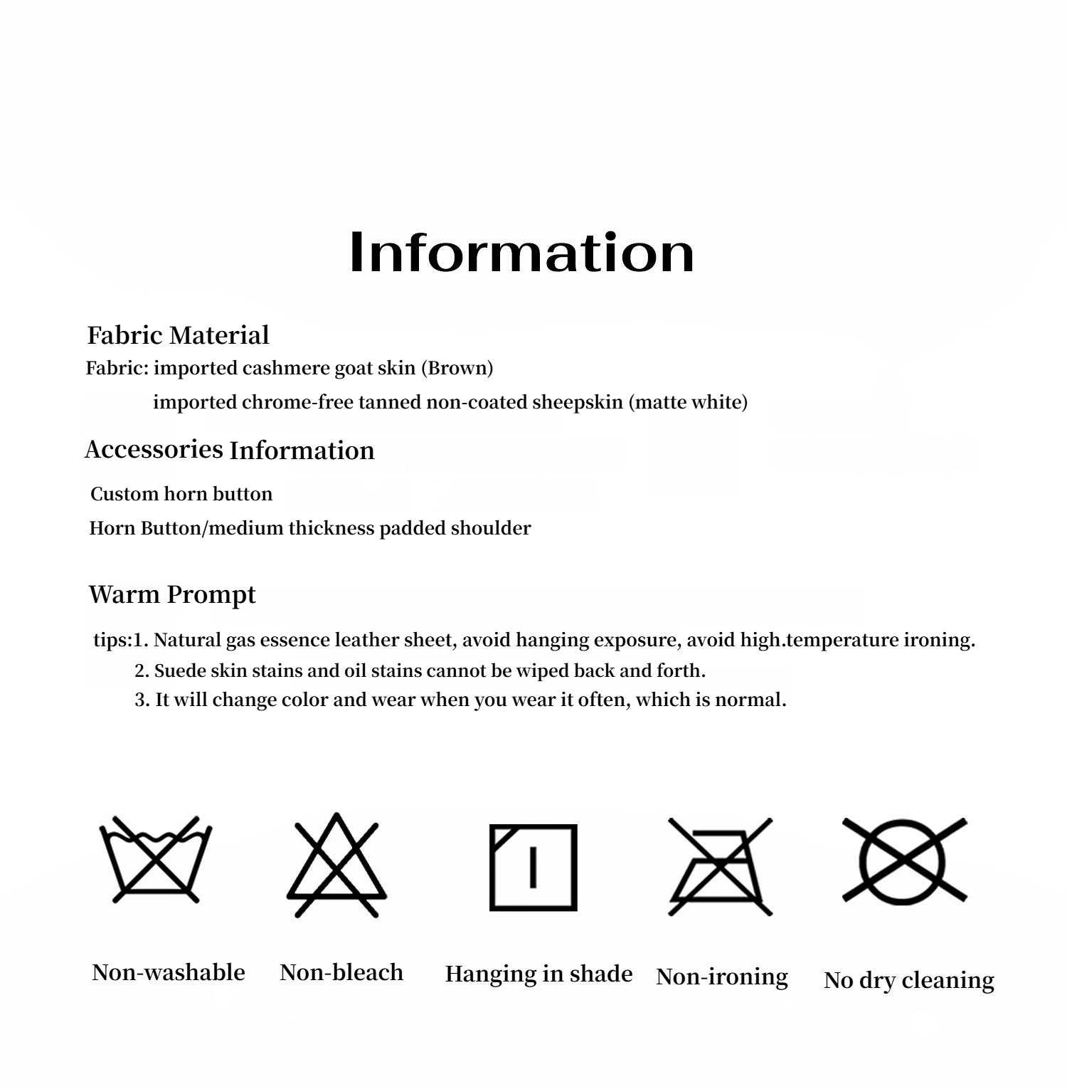 Textual information and symbols related to fabric material, accessories, and care instructions on a white background.