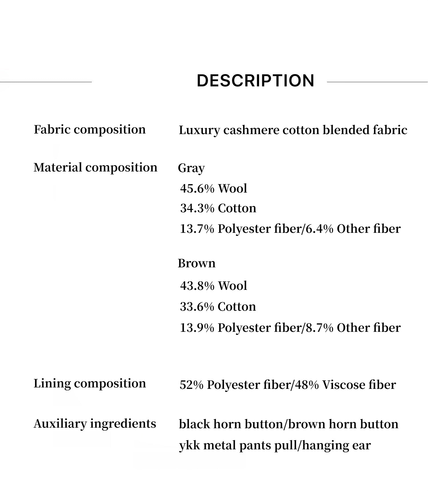 Textual description of fabric composition, material composition, and lining composition on a white background.