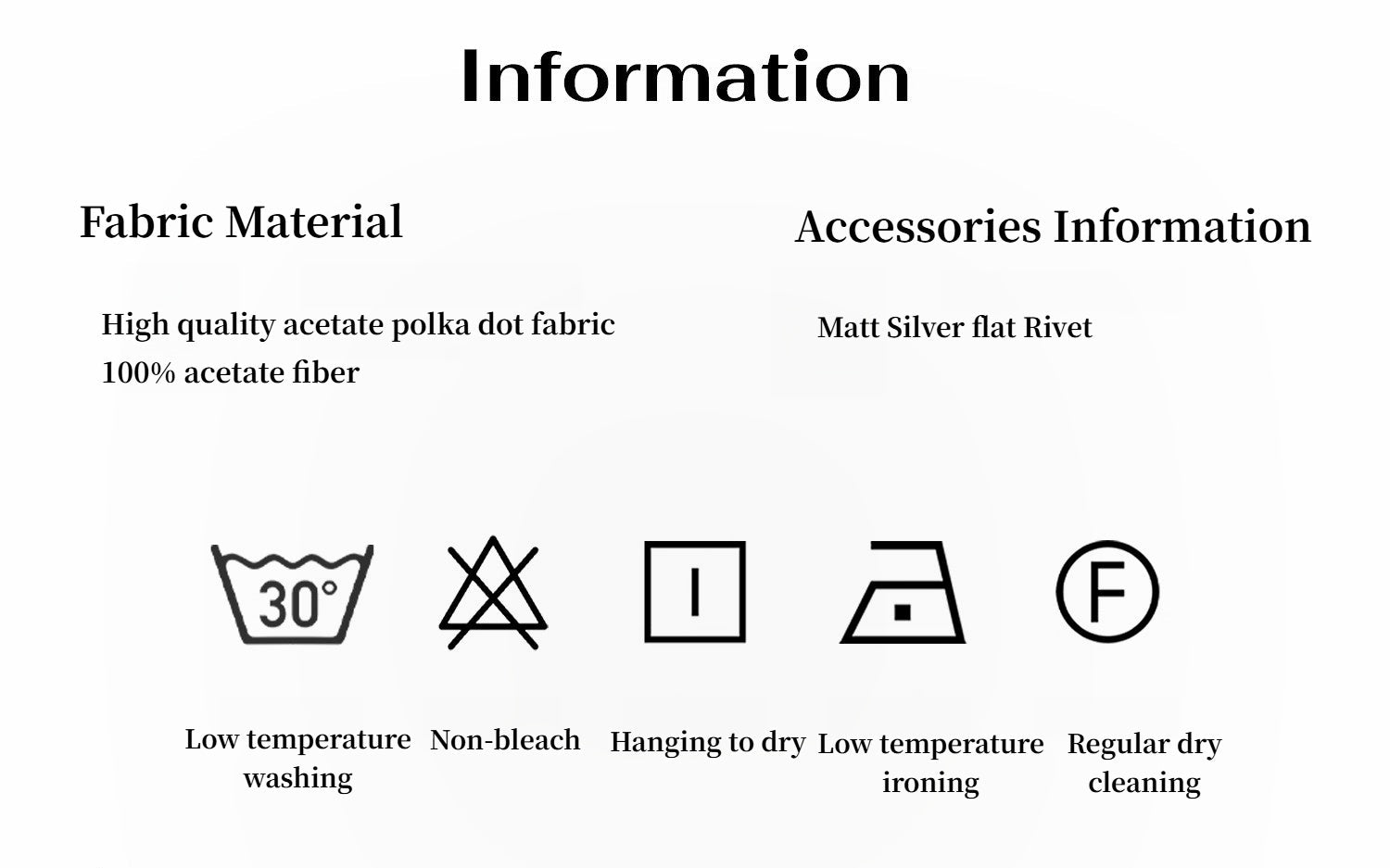 Fabric care label with symbols and text on a white background