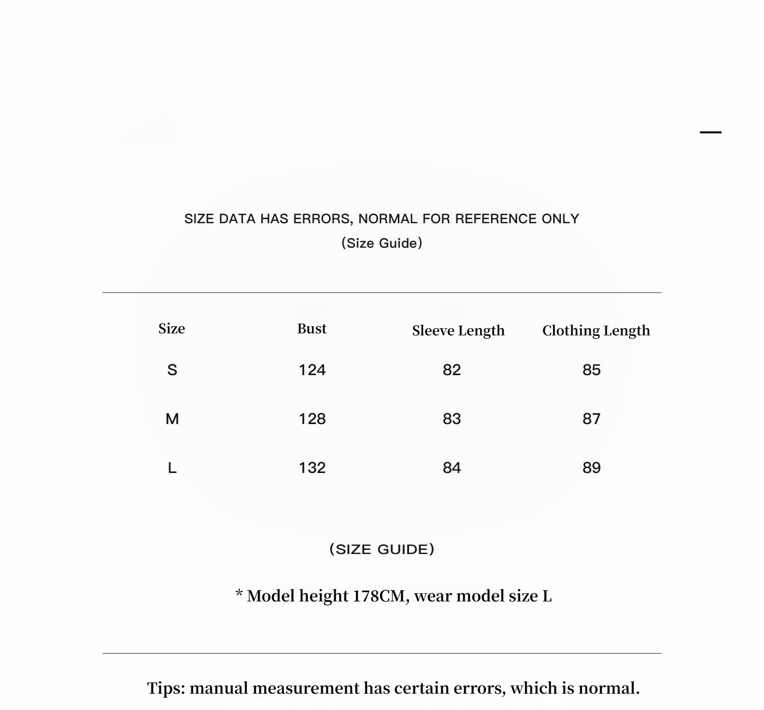 Size guide chart for clothing with measurements in centimeters