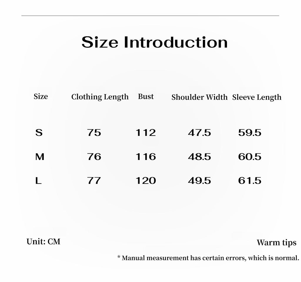 Size introduction chart with clothing measurements in centimeters